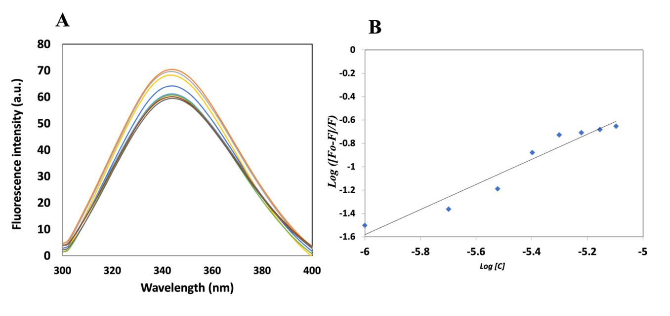 Figure 2. Fluorescence emission spectra of MARK4 with increasing RV concentration and modified Stern-Volmer plot.