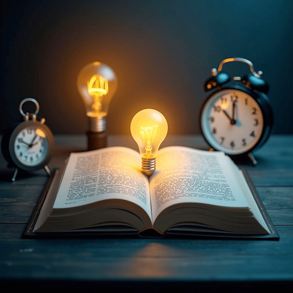 Books stacked in a dark study scene