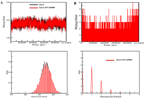Figure 7. Intramolecular and intermolecular hydrogen-bond analysis for the EphA1–ZINC12660859 system.
