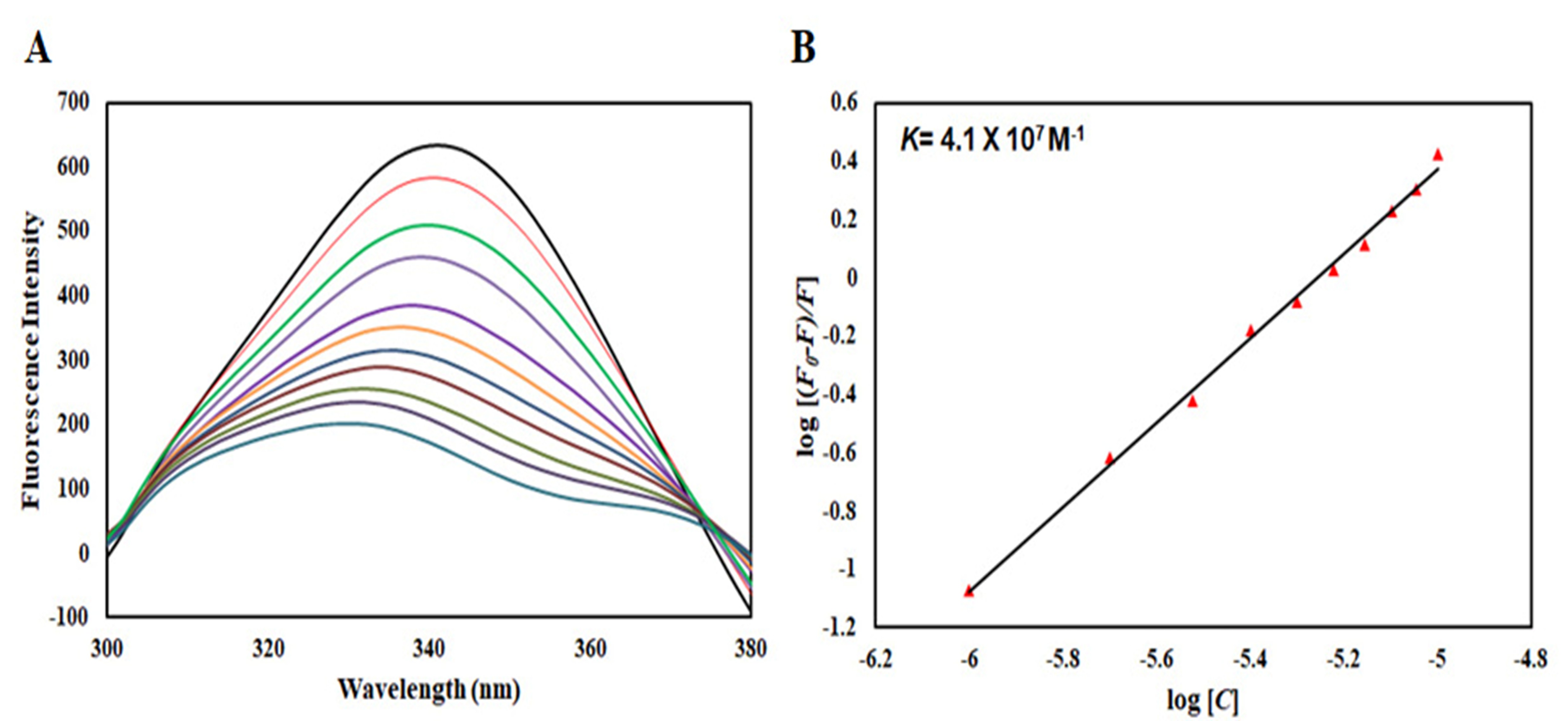 Figure 6. Fluorescence binding analysis of limonene with CDK6. (A) Intrinsic fluorescence emission spectra of CDK6 recorded in the presence of increasing concentrations of limonene. The excitation wavelength, λex, was fixed at 280 nm, and emission spectra were collected over 300-400 nm. (B) Modified Stern-Volmer plot derived from fluorescence quenching data.